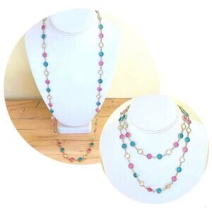 Swarovski Necklace Vtg Crystal Bezel Set 32" Gold Tone Pink Yellow Blue